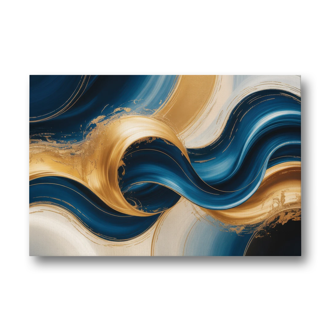 Opulent Waves in Blue and Gold Abstract - Canvas Wall Art - Front