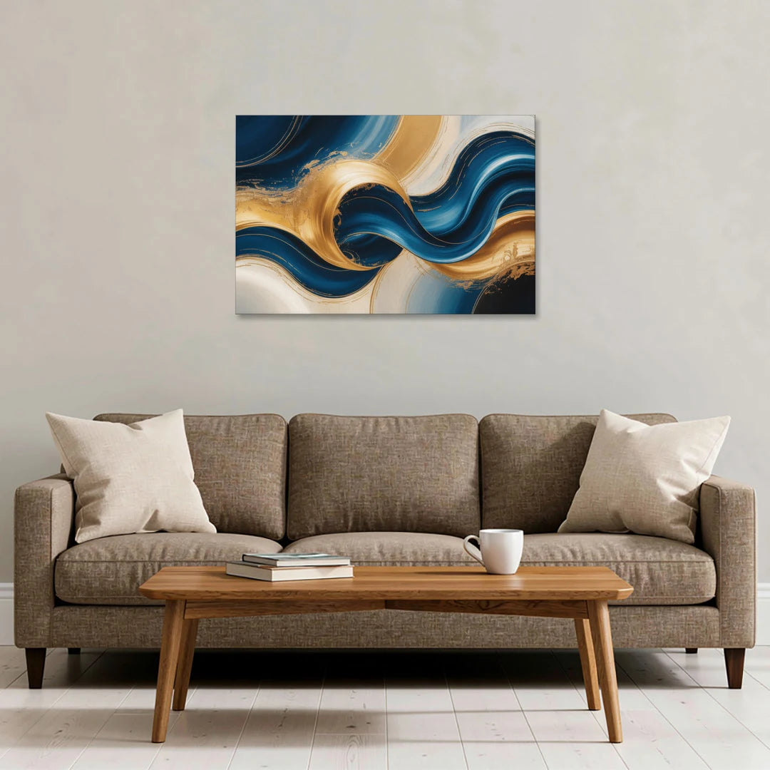 Opulent Waves in Blue and Gold Abstract - Canvas Wall Art - Sofa - 36x24