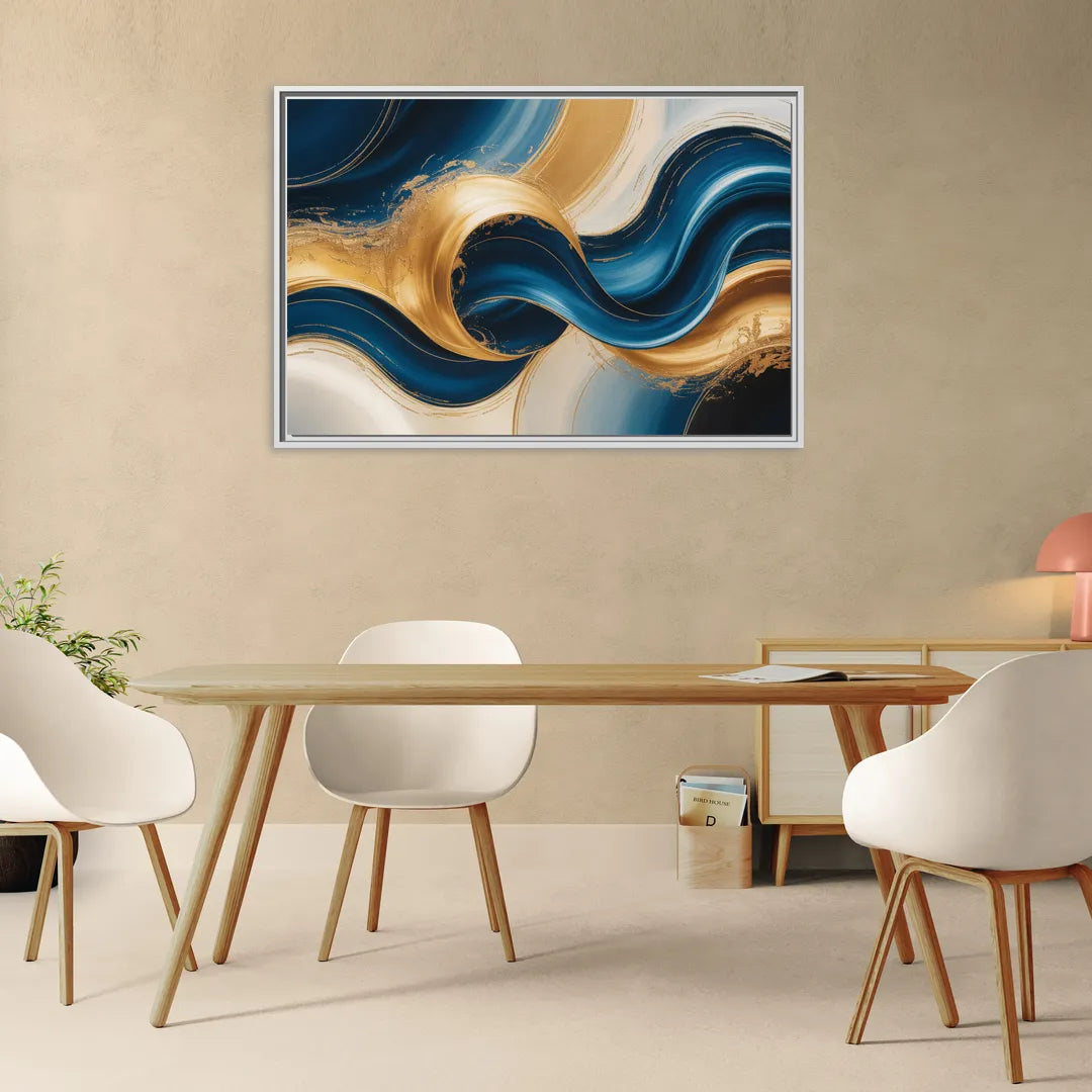 Opulent Waves in Blue and Gold Abstract - Living Room White Frame Canvas