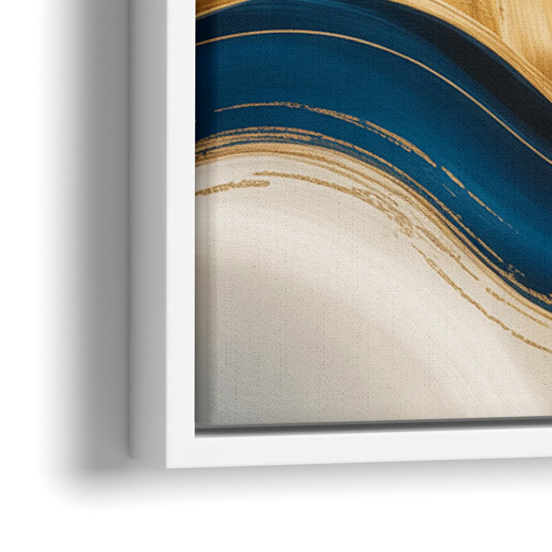 Opulent Waves in Blue and Gold Abstract - Close-Up White Frame Canvas