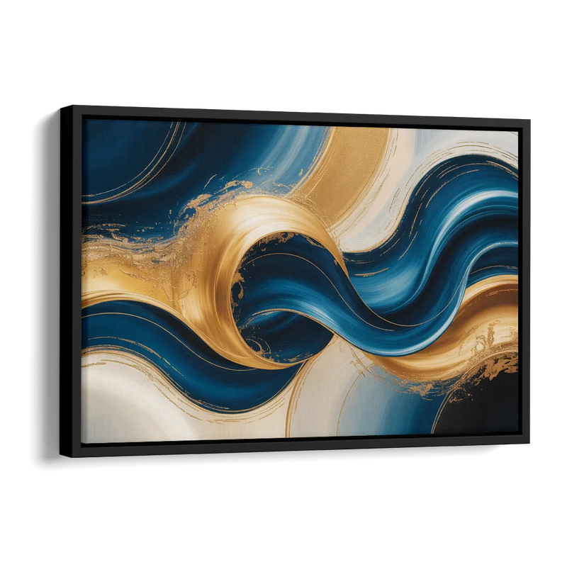 Opulent Waves in Blue and Gold Abstract Side - Black Canvas Wall Art