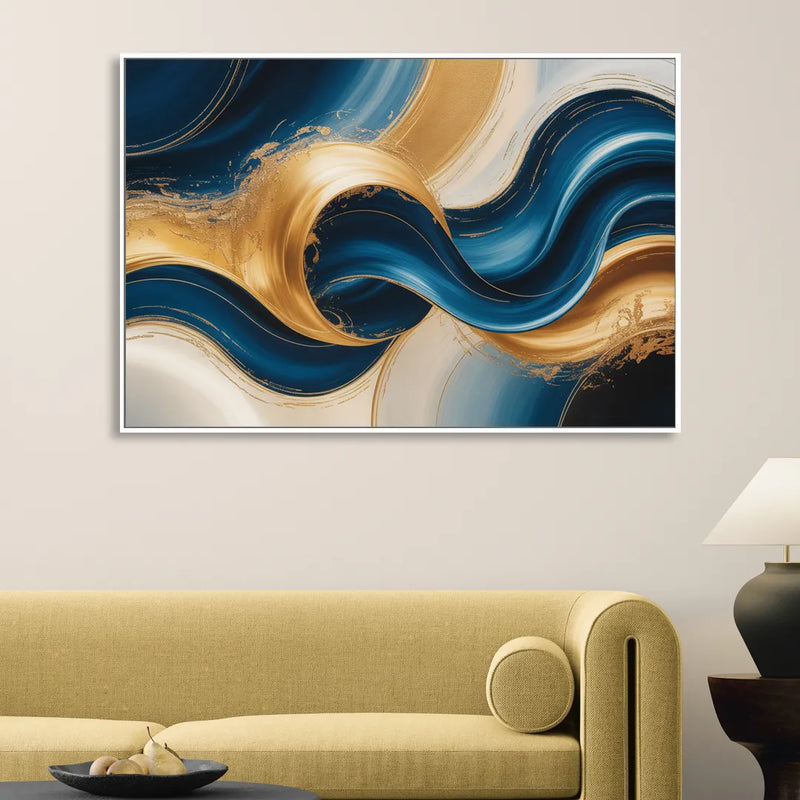 Opulent Waves in Blue and Gold Abstract Sitting Room - White Canvas Wall Art