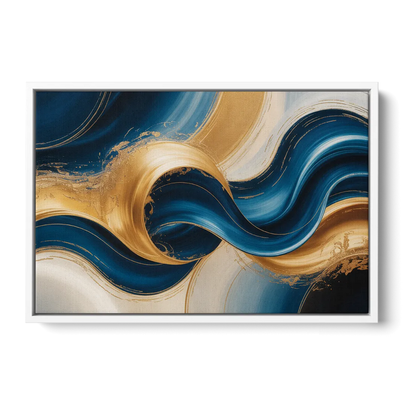 Opulent Waves in Blue and Gold Abstract Front - White Canvas Wall Art