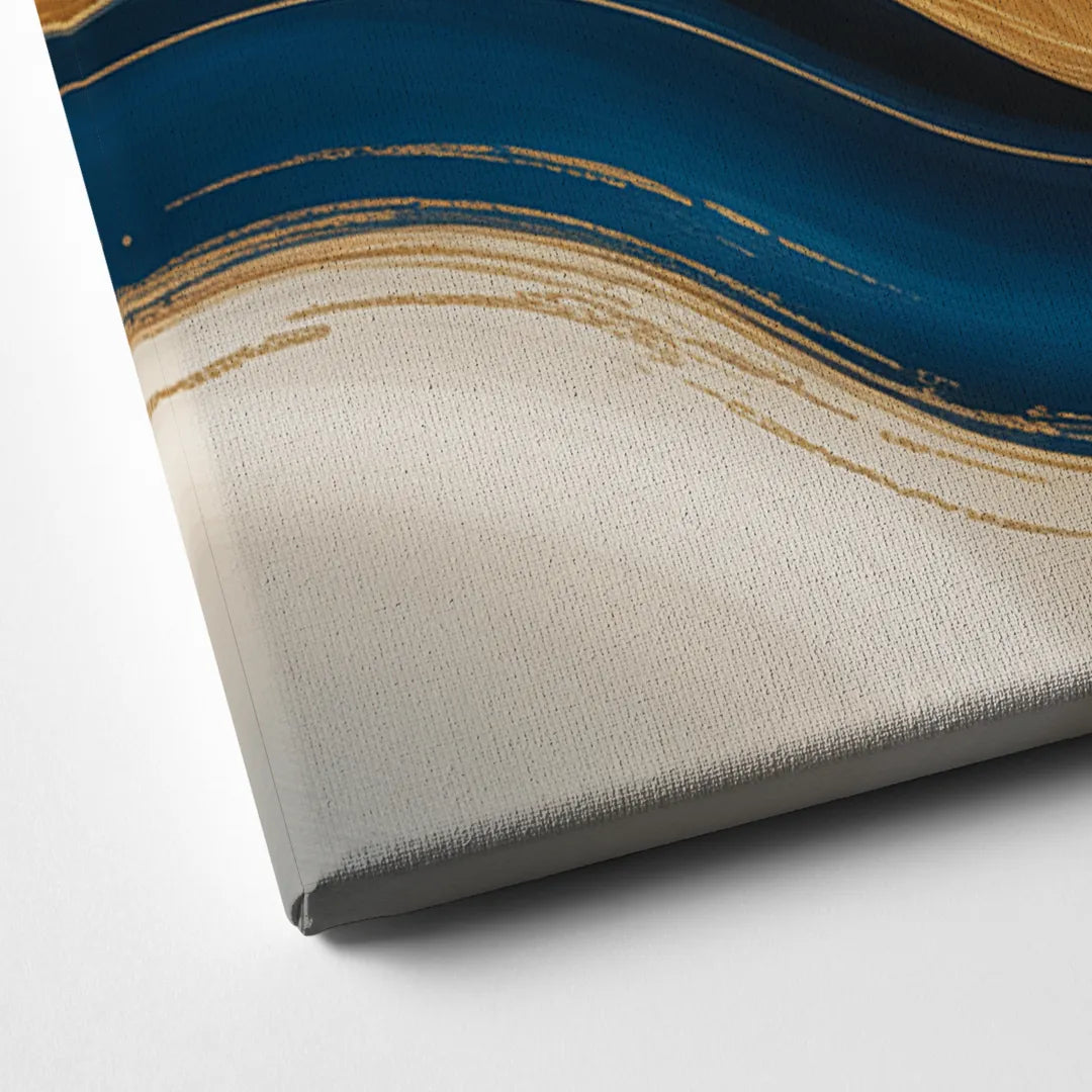 Opulent Waves in Blue and Gold Abstract Canvas Close Up