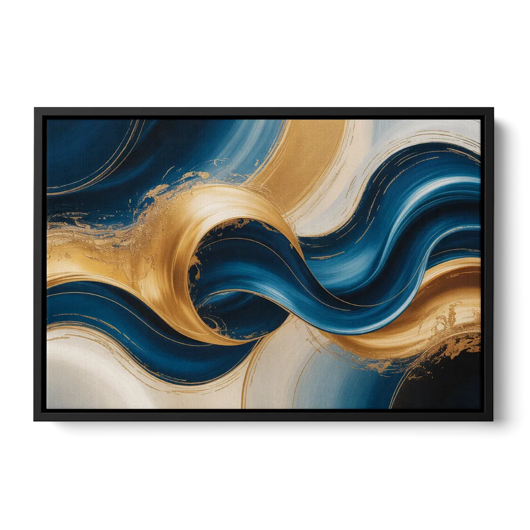 Opulent Waves in Blue and Gold Abstract - Black Frame Canvas