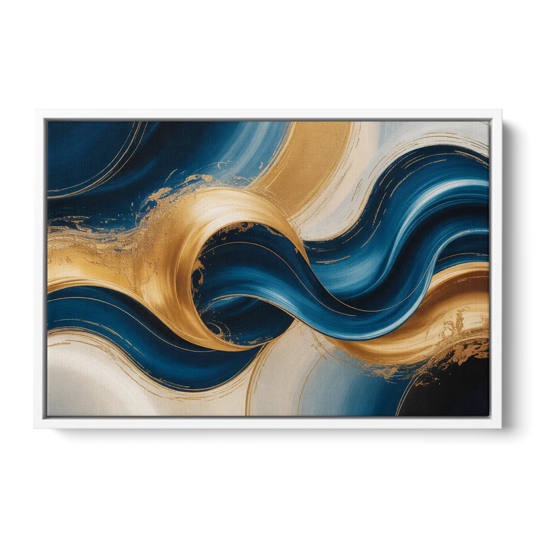 Opulent Waves in Blue and Gold Abstract - White Frame Canvas