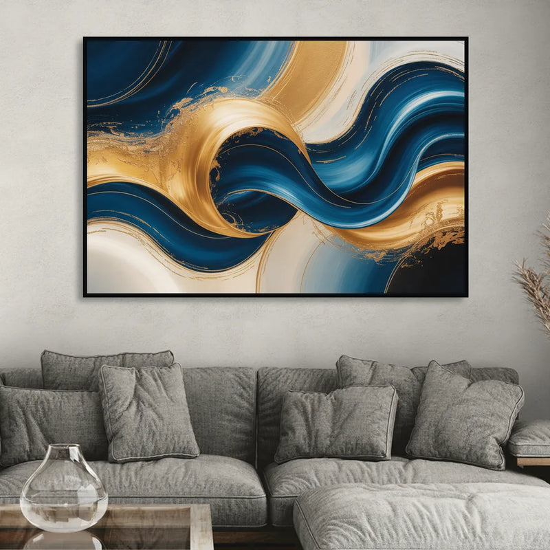 Opulent Waves in Blue and Gold Abstract Sitting Room - Black Canvas Wall Art
