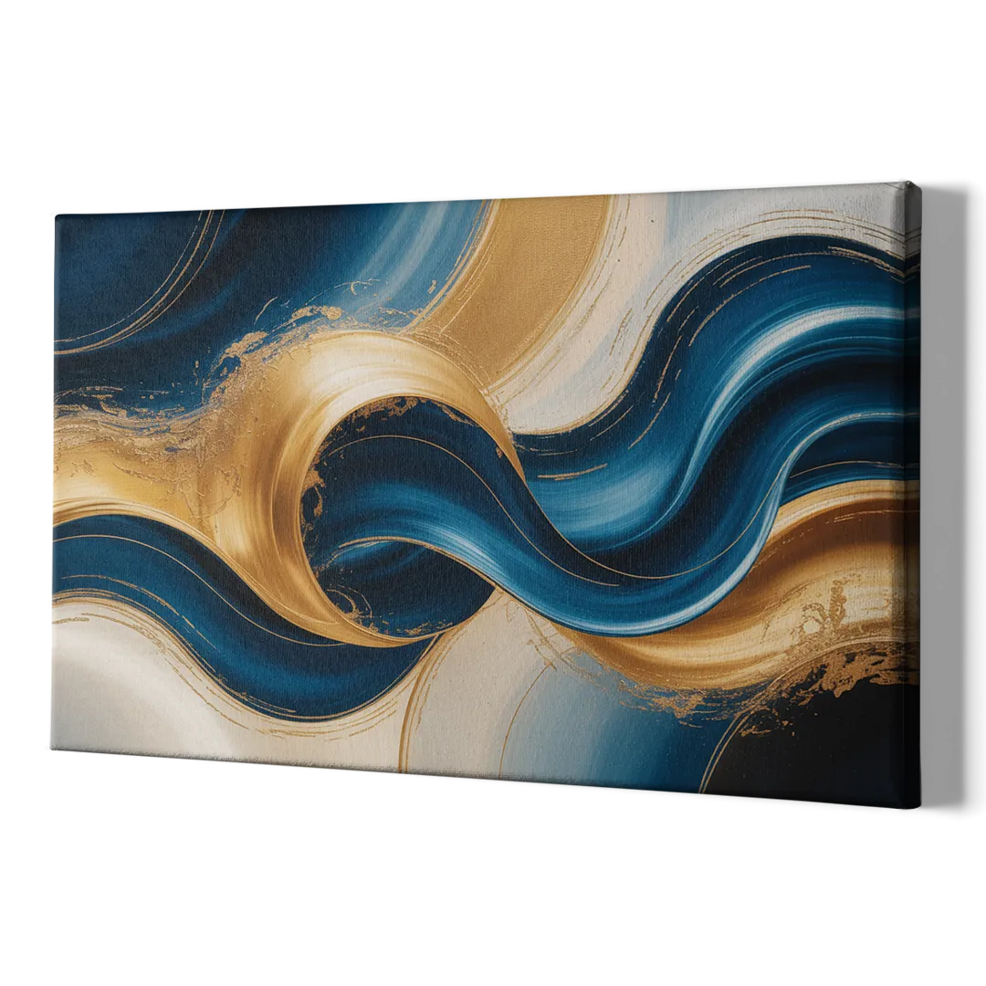 Opulent Waves in Blue and Gold Abstract - Canvas Print Art Sides