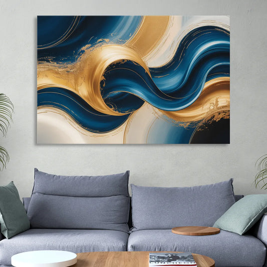 Opulent Waves in Blue and Gold Abstract Living Room - Canvas Wall Art