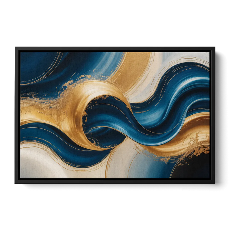 Opulent Waves in Blue and Gold Abstract Front - Black Canvas Wall Art