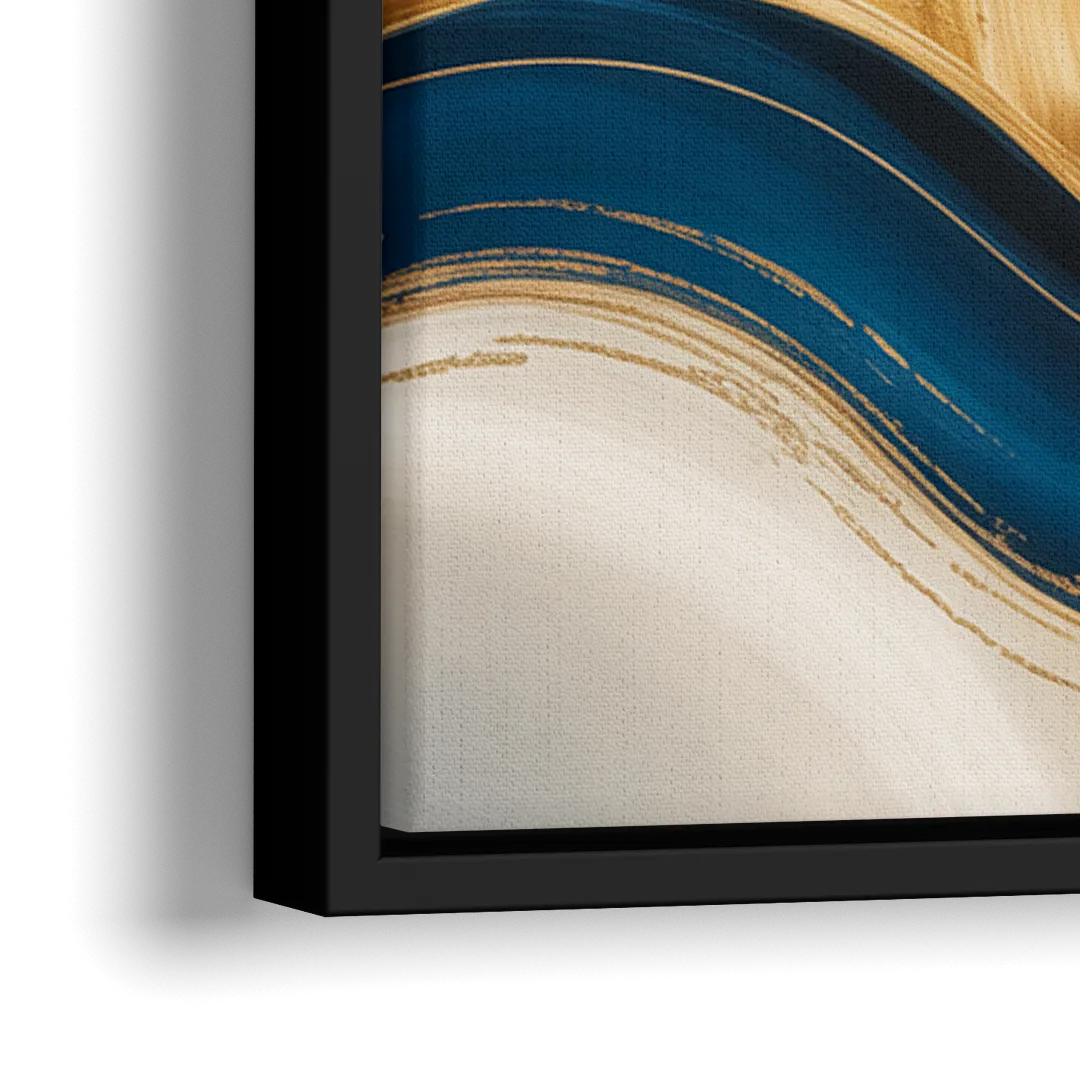 Opulent Waves in Blue and Gold Abstract - Close-Up Black Frame Canvas