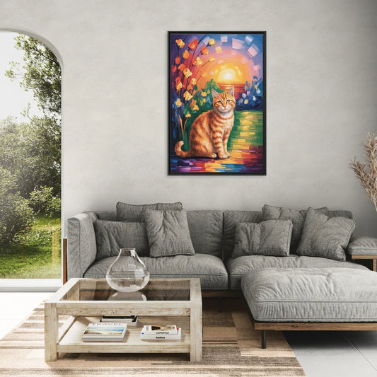Orange Sunset Cat - Living Room Black Frame Canvas