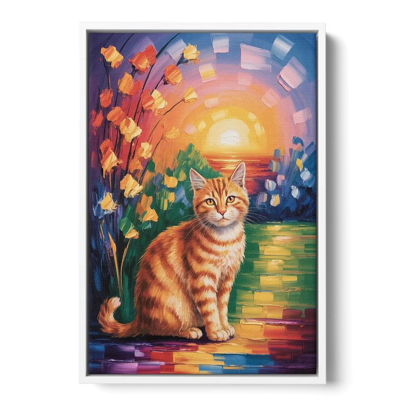 Orange Sunset Cat Front - White Canvas Wall Art