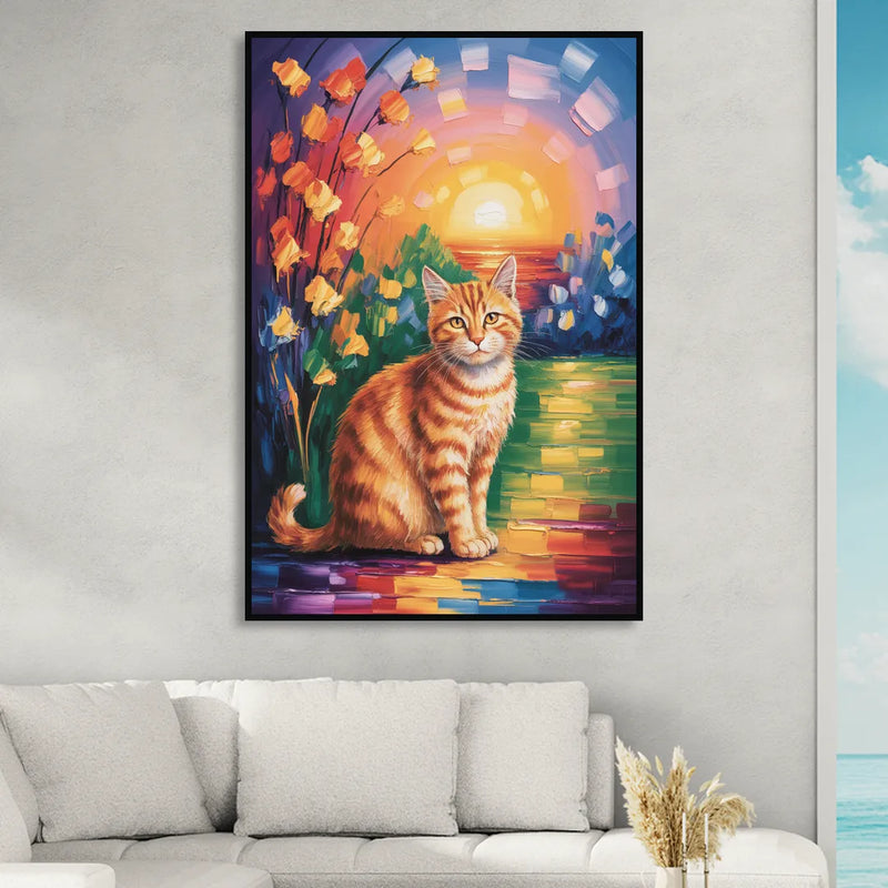 Orange Sunset Cat Sitting Room - Black Canvas Wall Art