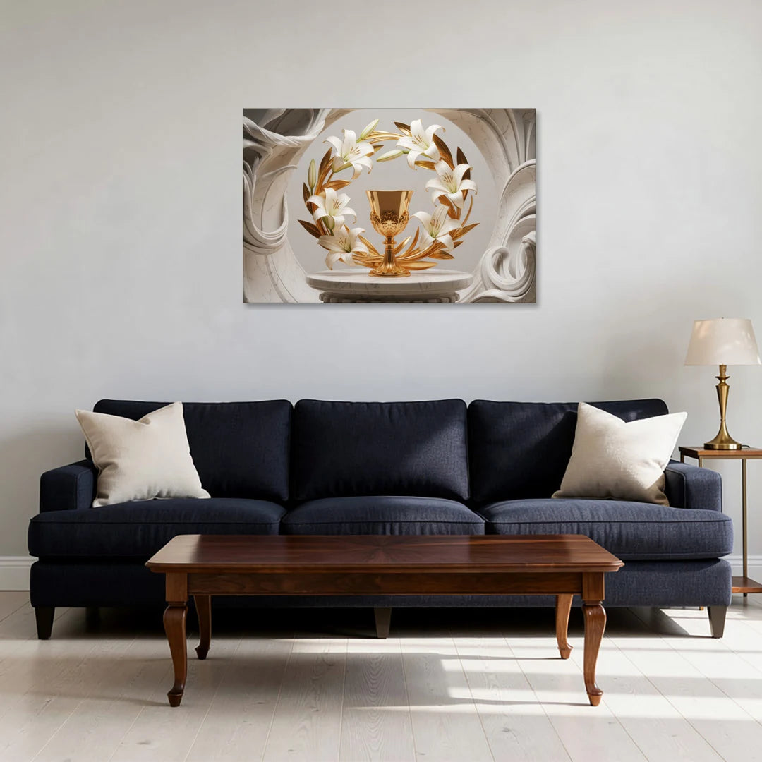 Ornate Chalice in White and Gold - Canvas Wall Art - Sofa - 36x24