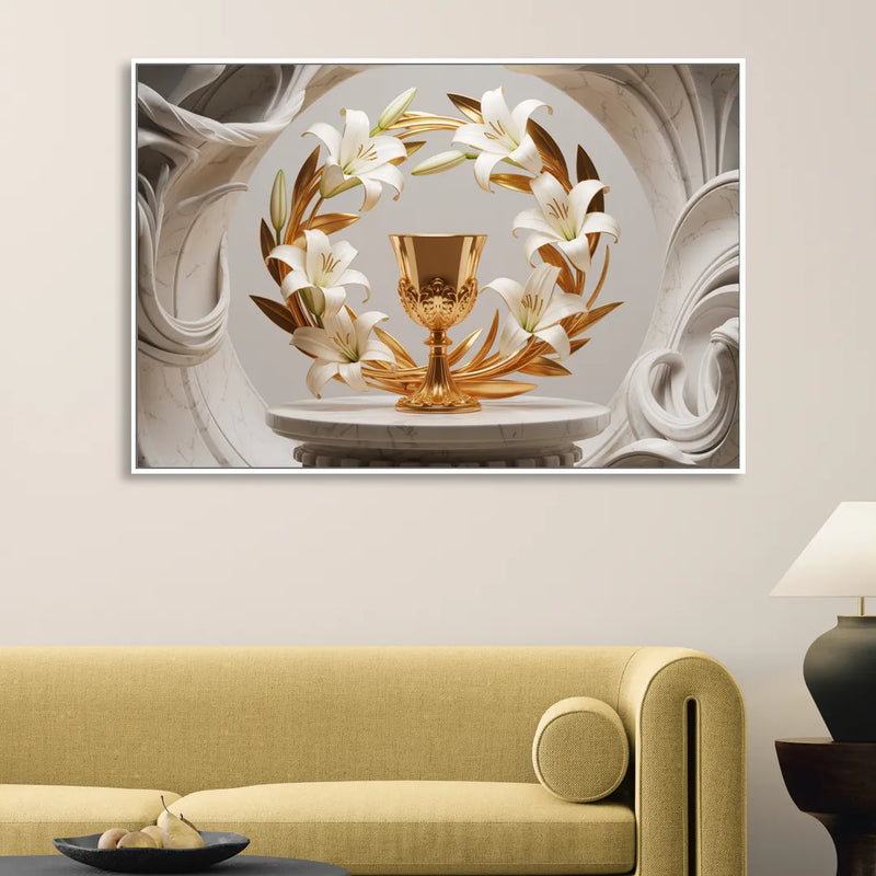 Ornate Chalice in White and Gold Living Room - White Canvas Wall Art
