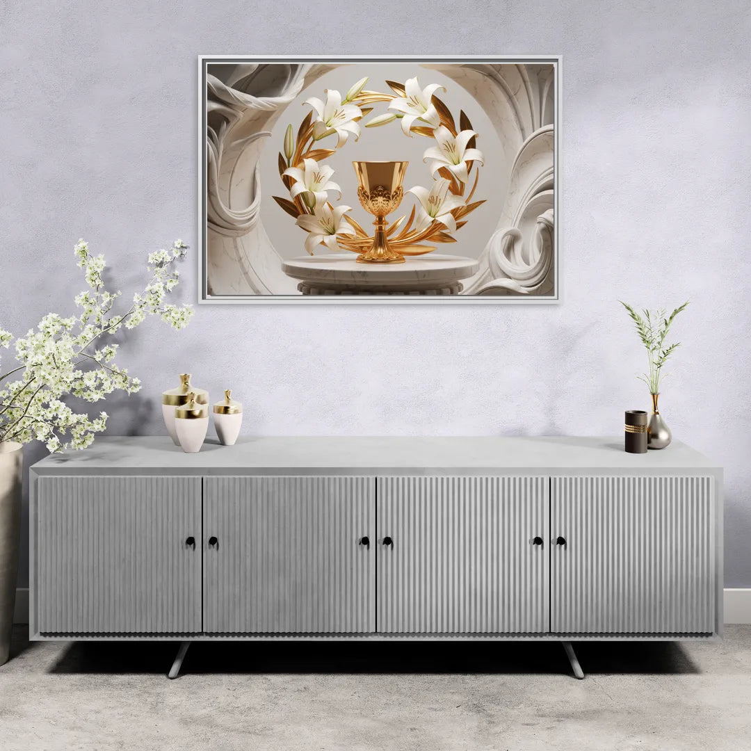 Ornate Chalice in White and Gold - Living Room White Frame Canvas