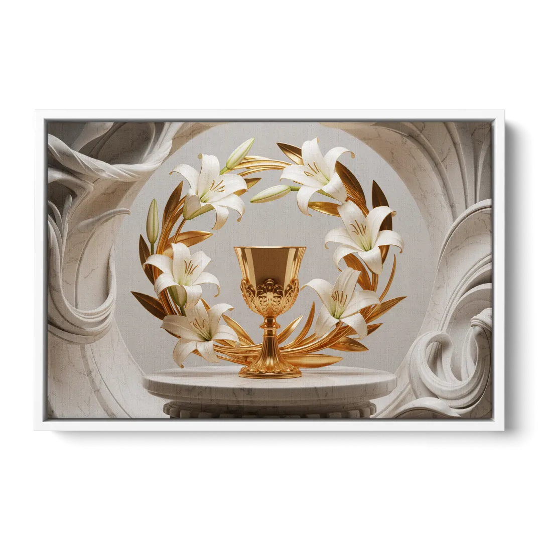 Ornate Chalice in White and Gold - White Frame Canvas