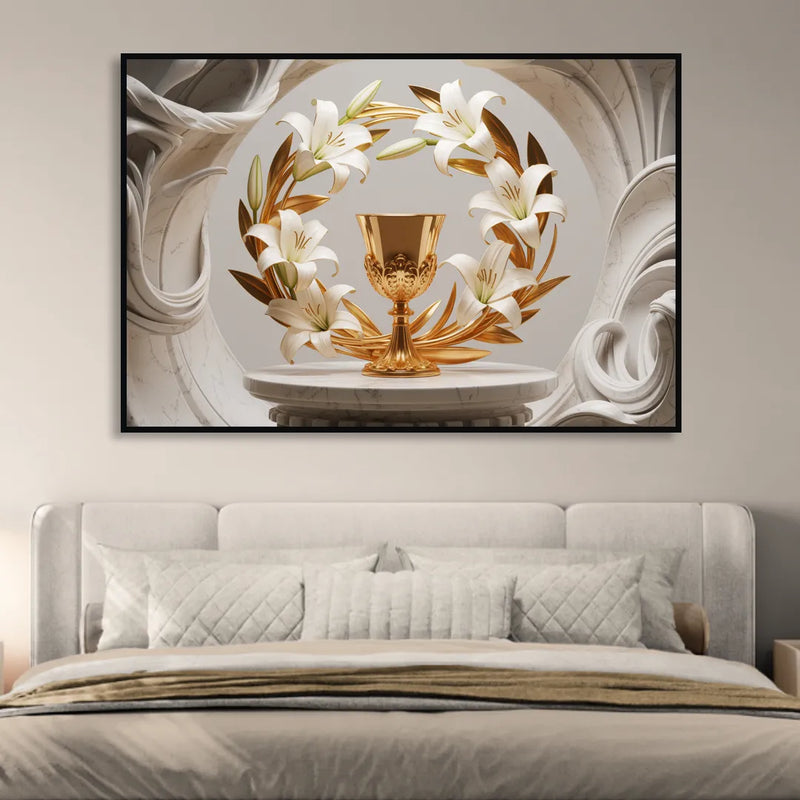 Ornate Chalice in White and Gold Sitting Room - Black Canvas Wall Art