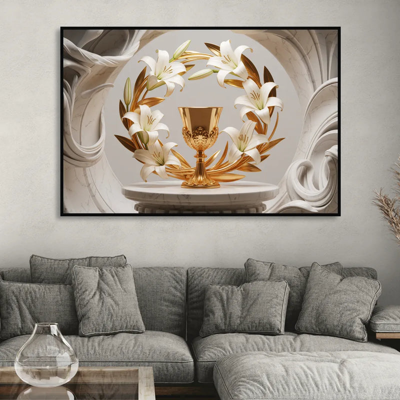 Ornate Chalice in White and Gold Living Room - Black Canvas Wall Art