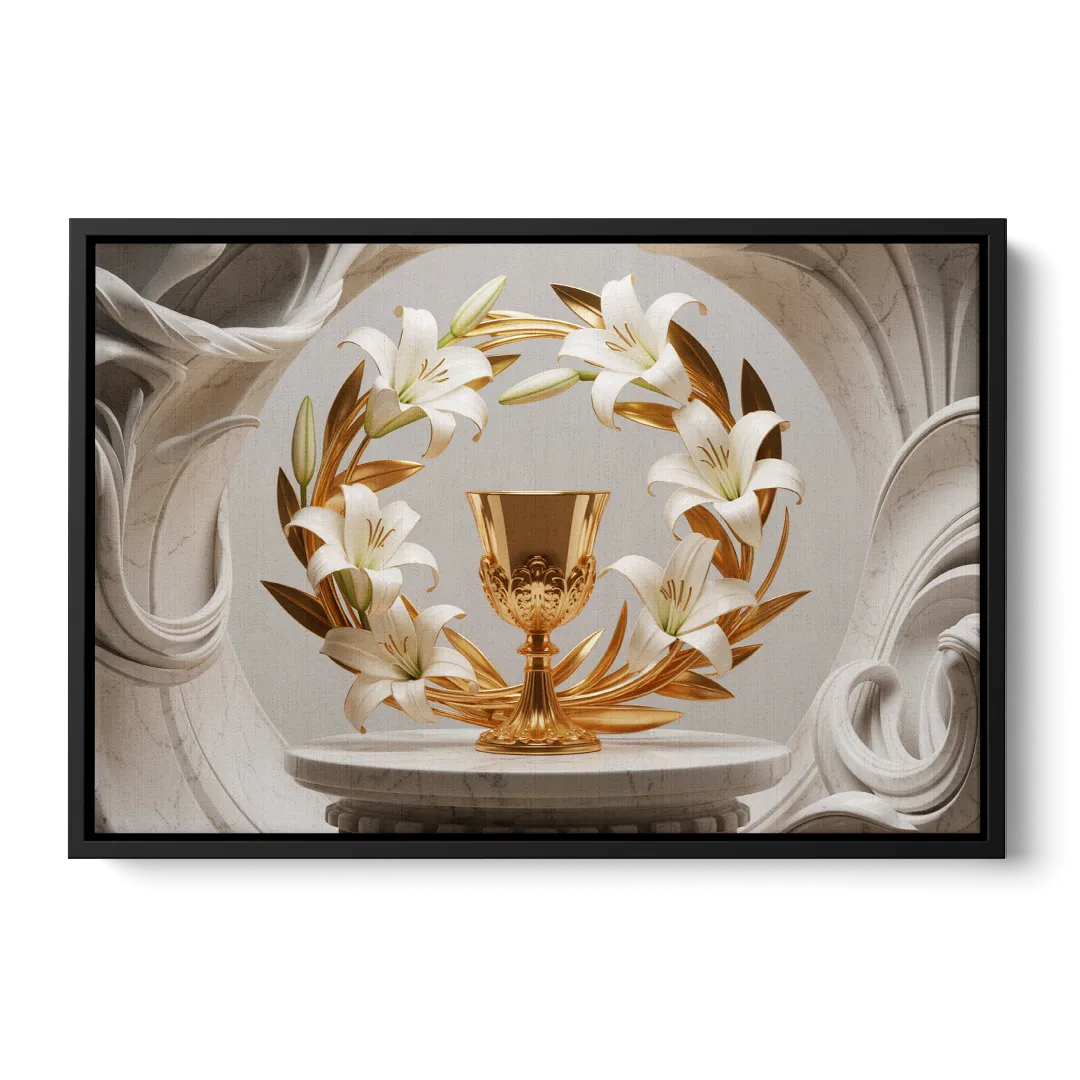 Ornate Chalice in White and Gold - Black Frame Canvas