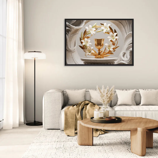 Ornate Chalice in White and Gold - Living Room Black Frame Canvas