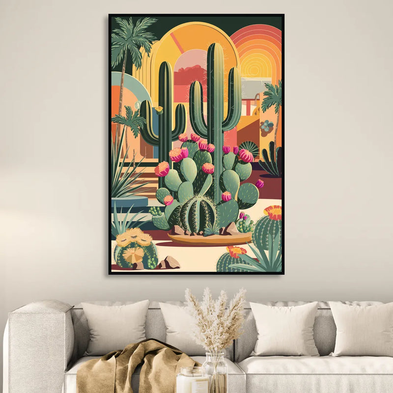 Palm Springs Colorful Cactus Sitting Room - Black Canvas Wall Art