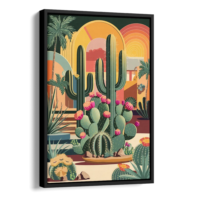 Palm Springs Colorful Cactus Side - Black Canvas Wall Art