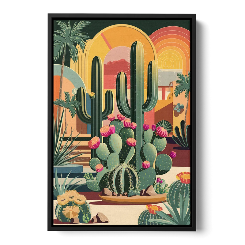 Palm Springs Colorful Cactus Front - Black Canvas Wall Art