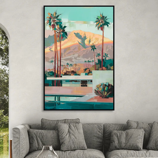 Palm Springs Mountain View Living Room - Black Canvas Wall Art