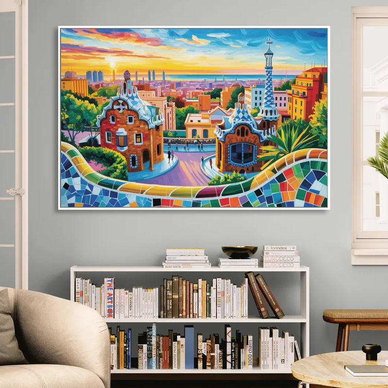 Park Guell Dreams Sitting Room - White Canvas Wall Art