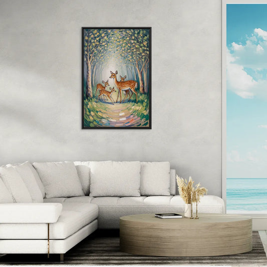 Pastoral Deer Family - Living Room Black Frame Canvas