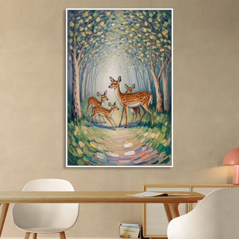 Pastoral Deer Family Living Room - White Canvas Wall Art
