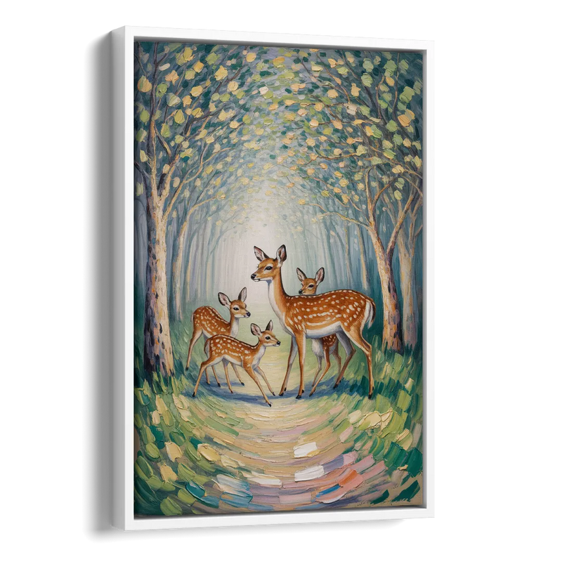 Pastoral Deer Family Side - White Canvas Wall Art