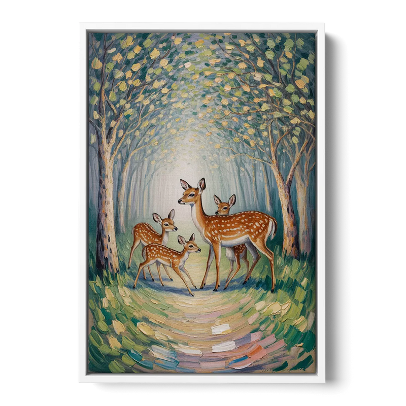 Pastoral Deer Family Front - White Canvas Wall Art