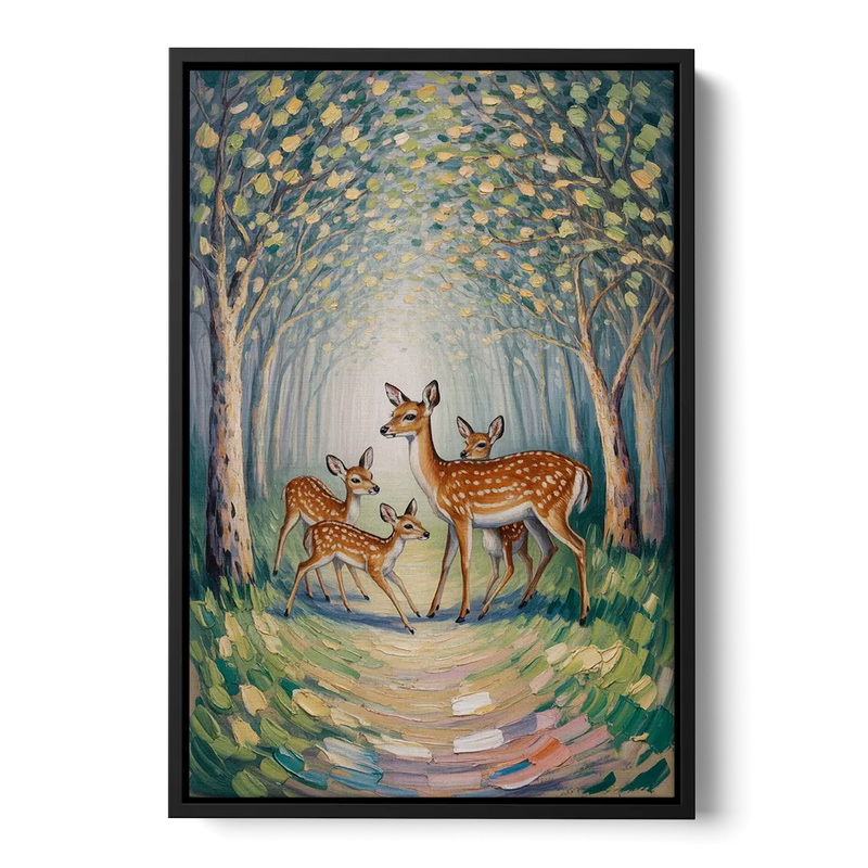 Pastoral Deer Family Front - Black Canvas Wall Art