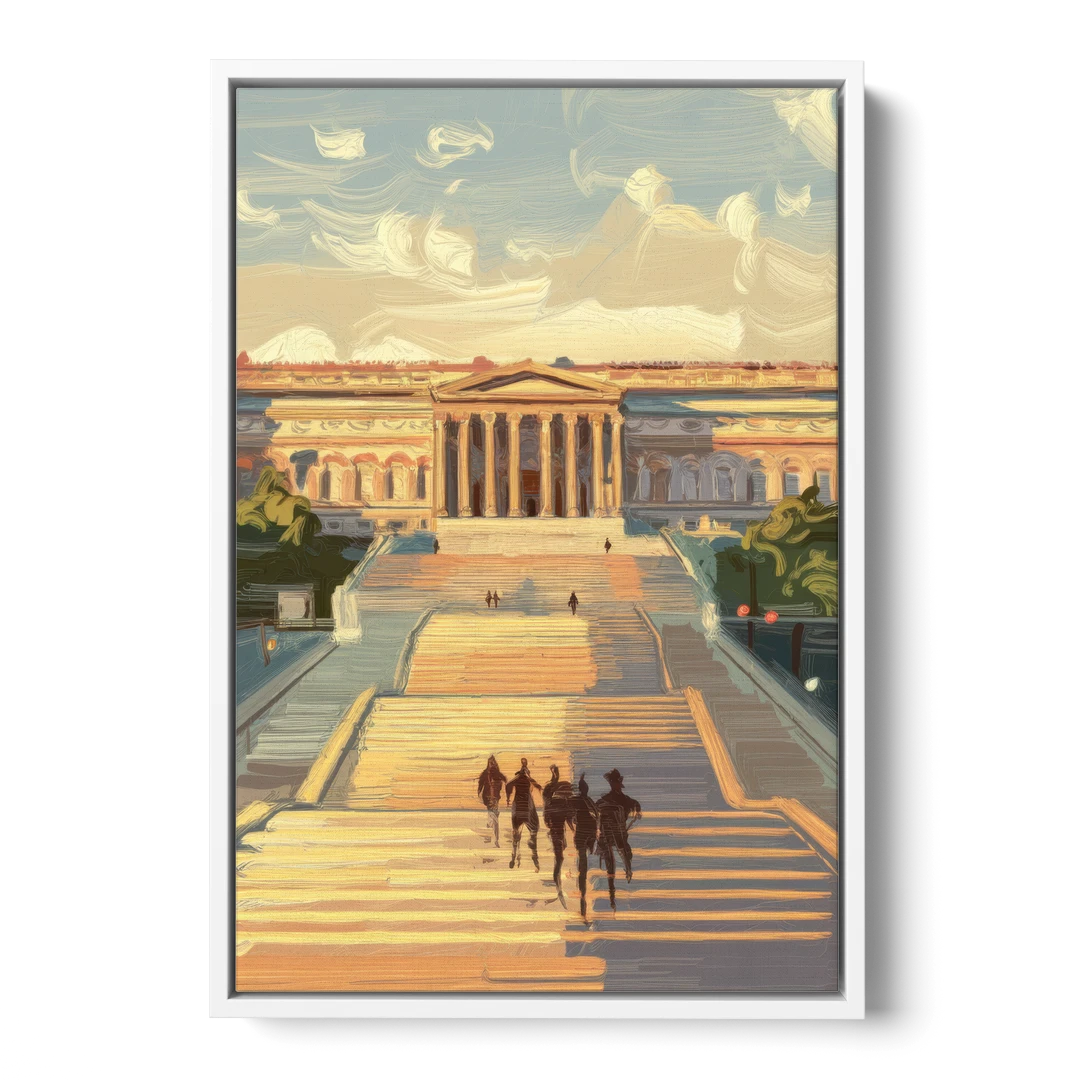 Philadelphia Art Museum Steps - White Framed Canvas Wall Art - Front