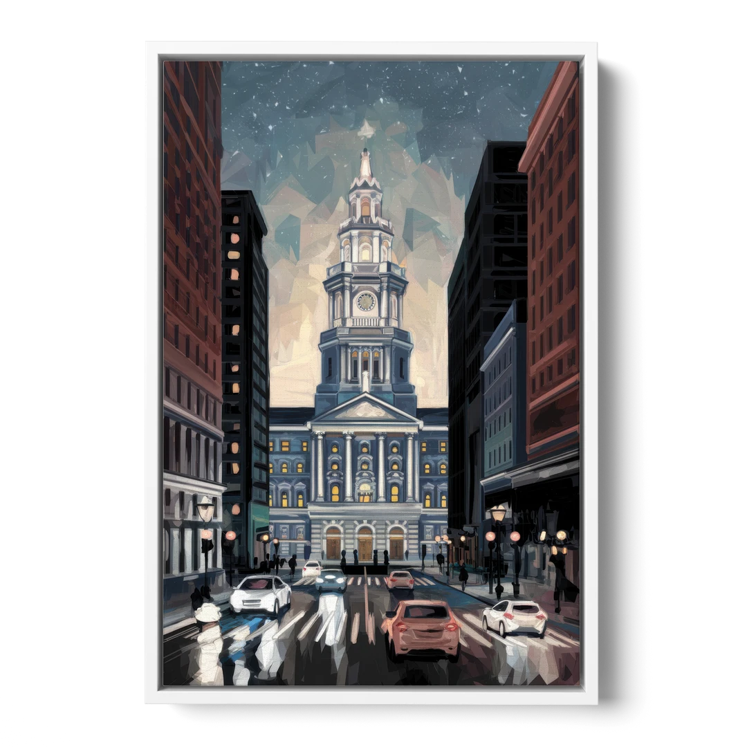 Philadelphia City Hall - White Framed Canvas Wall Art - Front