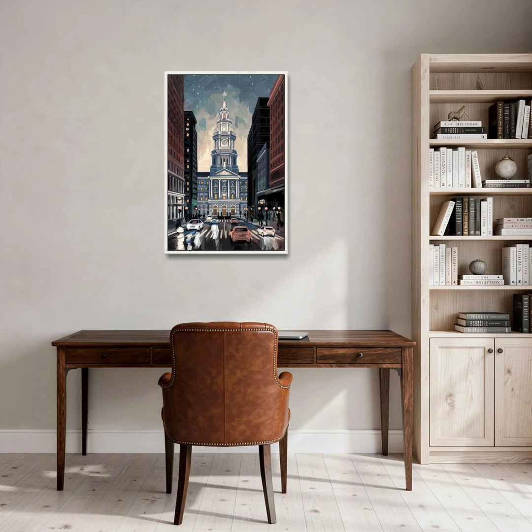 Philadelphia City Hall - White Framed Canvas Wall Art - Office - 24x36