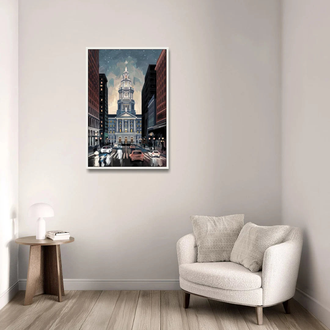 Philadelphia City Hall - White Framed Canvas Wall Art - Sofa - 24x36