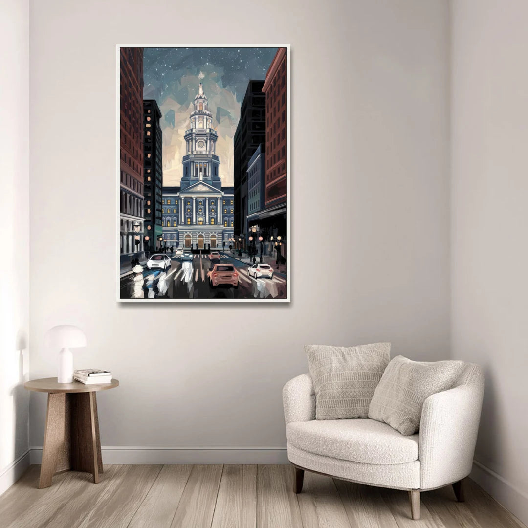 Philadelphia City Hall - White Framed Canvas Wall Art - Sofa - 32x48