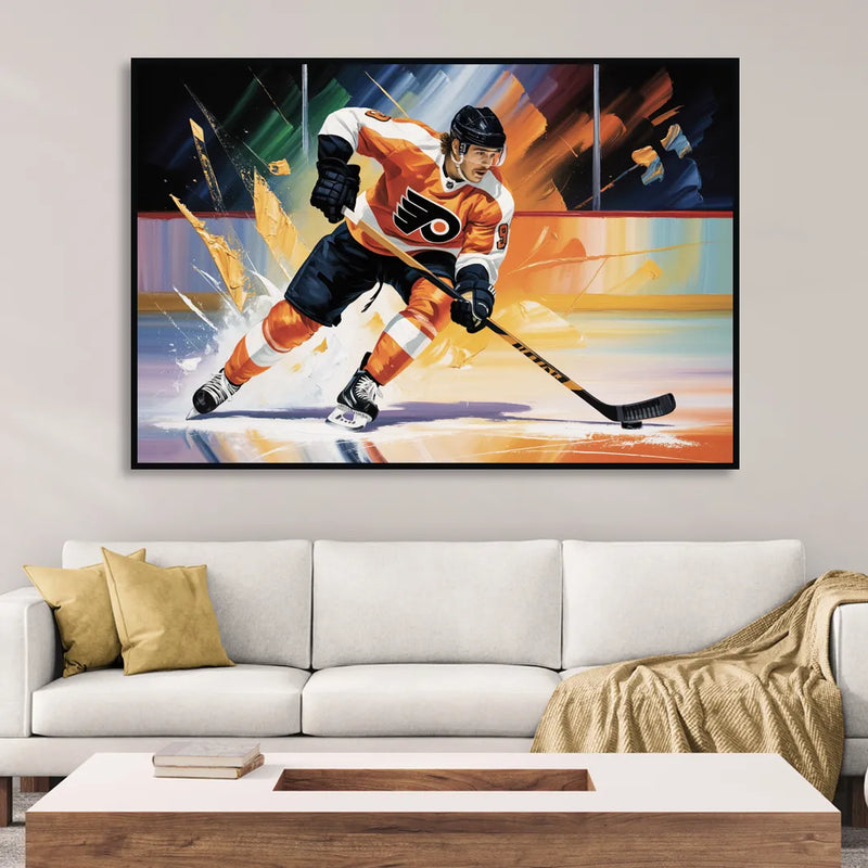 Philadelphia Flyers Dynamic Impressionistic Hockey Art Living Room - Black Canvas Wall Art