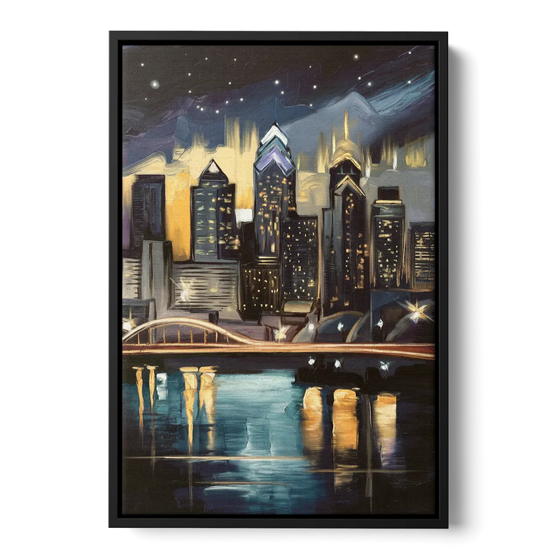 Philadelphia Skyline at Night Front - Black Canvas Wall Art