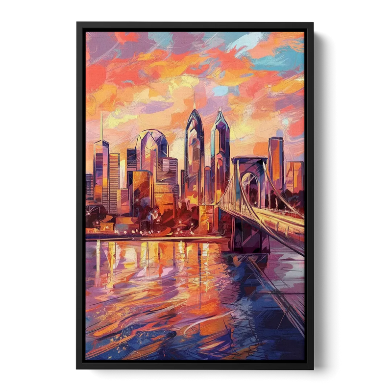 Philadelphia Skyline at Sunset Front - Black Canvas Wall Art