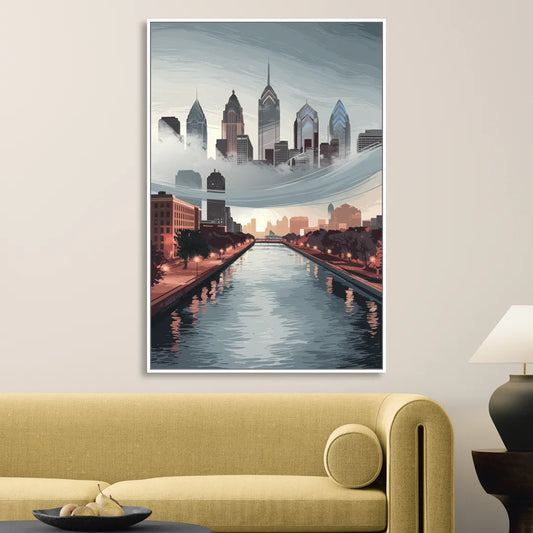 Philadelphia Skyline in Fog Living Room - White Canvas Wall Art