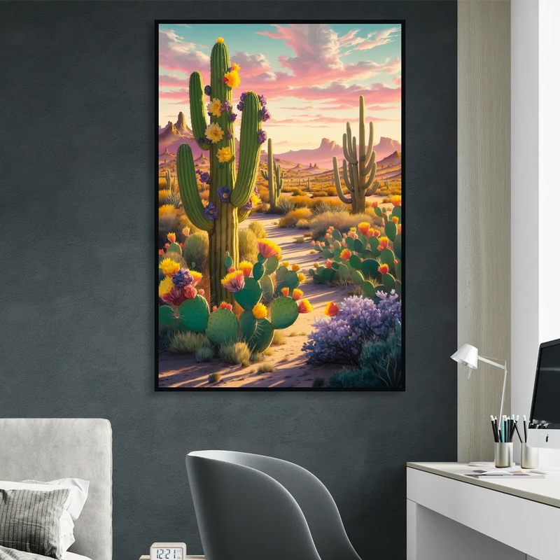 Phoenix Cactus Scene Living Room - Black Canvas Wall Art