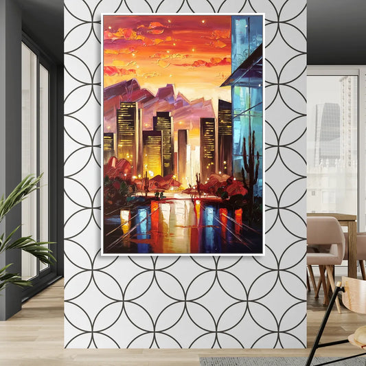 Phoenix Sunsets Over the City Living Room - White Canvas Wall Art