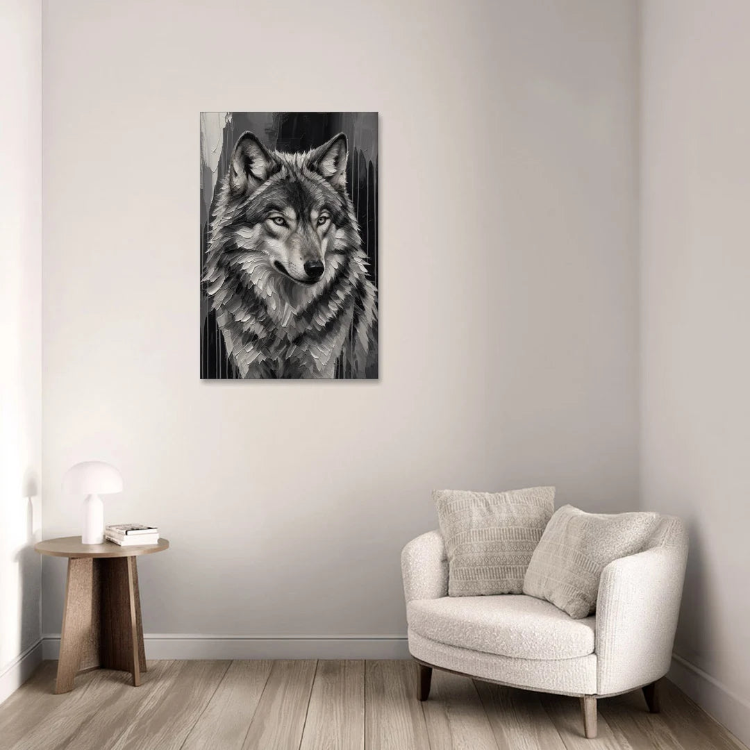 Piercing Gaze Black and White Wolf - Canvas Wall Art - Sofa - 24x36