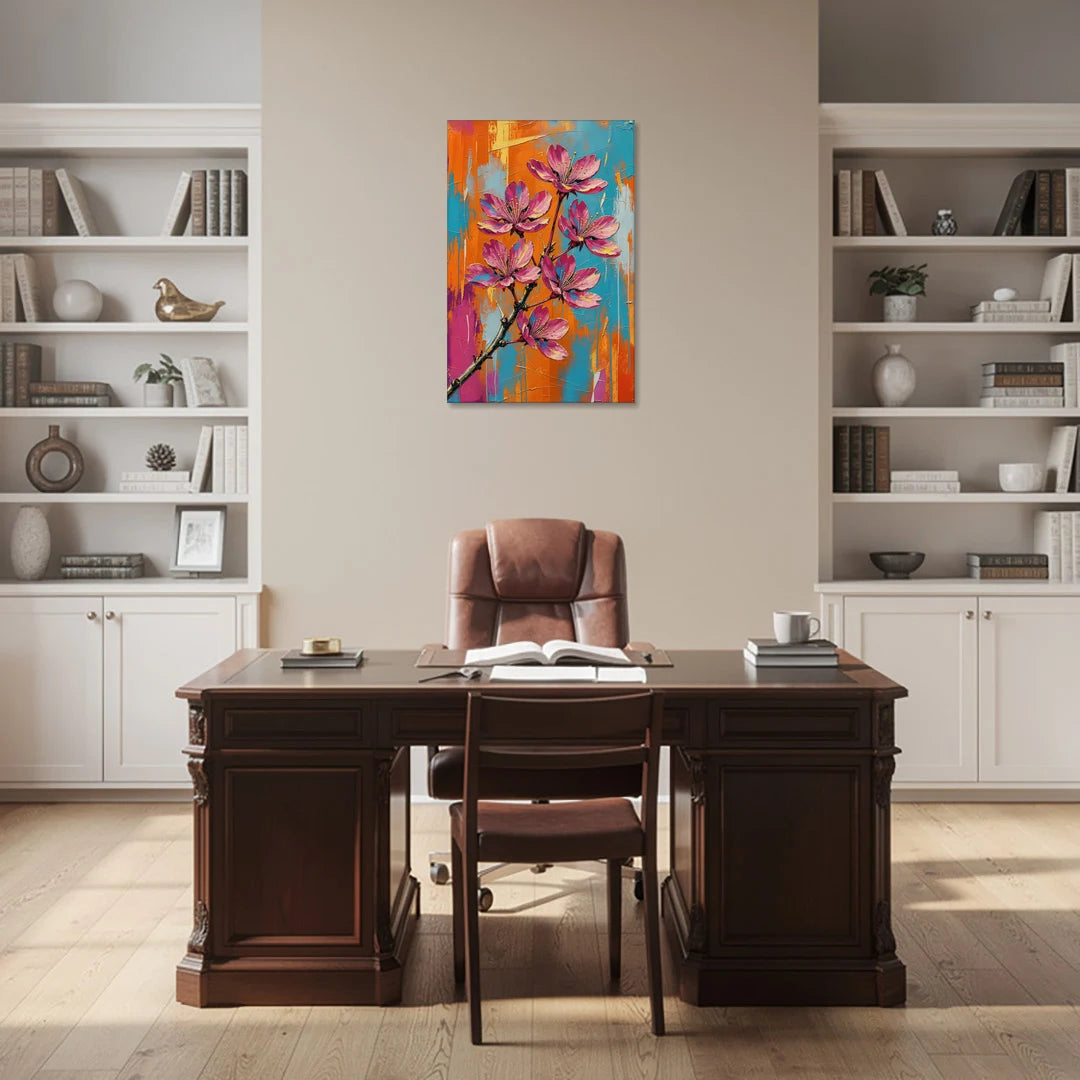Pink Cherry Blossom Painting in Blazing Color - Canvas Wall Art - Office - 24x36