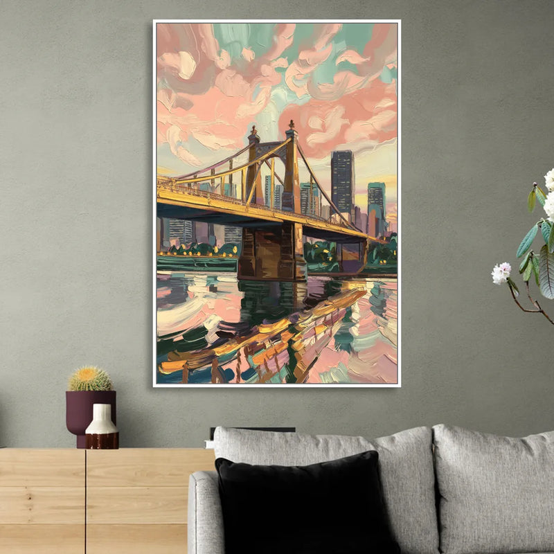 Pittsburgh Bridges and Rivers Living Room - White Canvas Wall Art